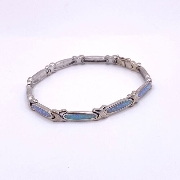 Sterling Silver and Opal Tenis Bracelet Size 7 - Picture 1 of 7